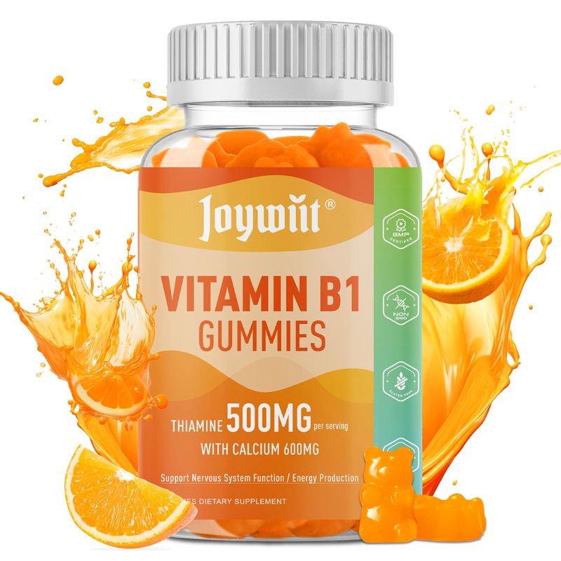 Joywiit Vitamin B1 Gummies 500mg, Thiamine B1 Supplement for Adults, with 600mg Calcium Citrate, Support Nervous System, Vegan, Chewable Natural Orange Flavor