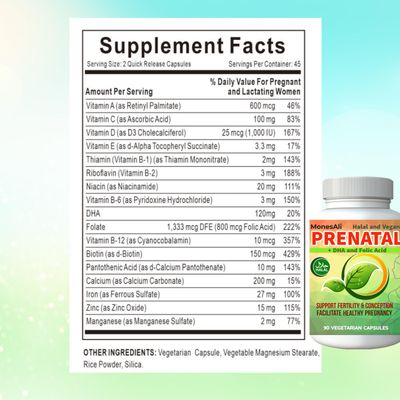 MonesAli Prenatal Vitamins for Women, Halal Prenatal Vitamins for Women, Prenatal Vitamins with DHA and Folic Acid, Vegan Prenatal, Gelatin Free Prenatal Vitamins, Womens prenatal multivitamin