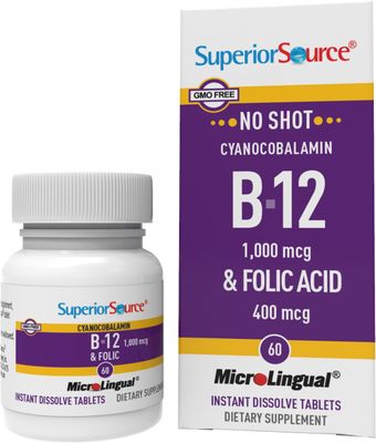 Superior Source No Shot Vitamin B12 Cyanocobalamin (1000 mcg), Folic Acid (400 mcg), Quick Dissolve MicroLingual Tablets, 60 Ct, Increase Energy, Boost Metabolism, Heart and Stress Support, Non-GMO