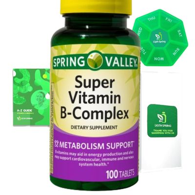 Super Vitamin B-Complex 100 Tablets Dietary Supplement Bundle Exclusive Better Ligth&amp;Spring Guide + Weekly Pill Organize (3 Items)