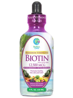Maximum Strength Liquid Biotin Drops w/ 12,500 MCG - Best Vitamins for Fast Hair Growth, Reduced Hair Loss, Healthy Skin &amp; Strong Nails -5X More Potent Than Pills- Max Absorption, Vegan- 4oz, 30 Serv