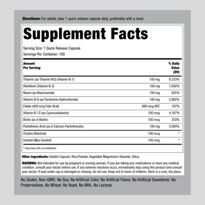 Piping Rock Vitamin B-100 Complex | 100 Capsules | Vitamins B12, B1, B2, B6 | Non-GMO, Gluten Free Supplement