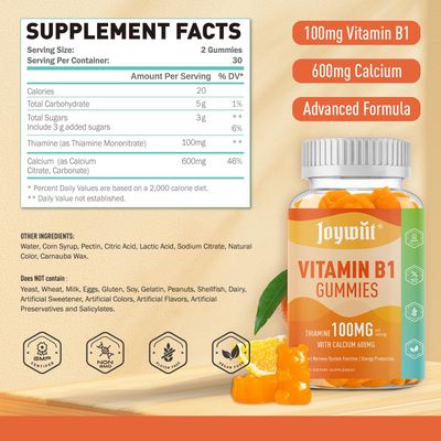 Joywiit Vitamin B1 Gummies 100mg for Adults &amp; Kids, Thiamine B1 Supplement with 600mg Calcium, Nervous System Supports &amp; Boost Energy, Orange Flavor, Non GMO, Vegan, 60 Chewable Gummies