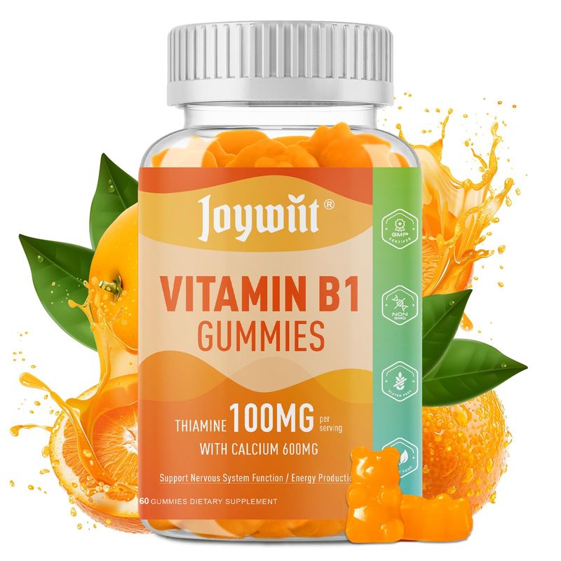 Joywiit Vitamin B1 Gummies 100mg for Adults &amp; Kids, Thiamine B1 Supplement with 600mg Calcium, Nervous System Supports &amp; Boost Energy, Orange Flavor, Non GMO, Vegan, 60 Chewable Gummies