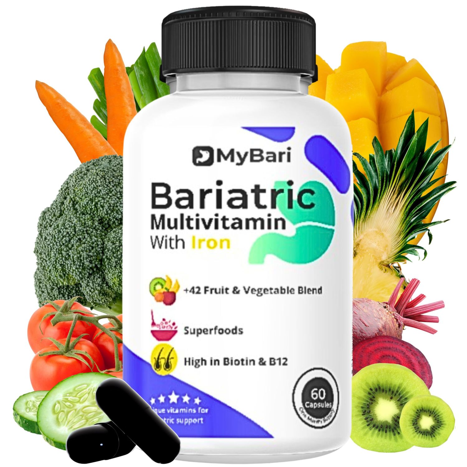 MyBari All-in-One Bariatric Multivitamin with Iron - Made in USA - for Men &amp; Women - Supports Gastric Sleeve &amp; Bypass with 42+ Fruit &amp; Veggie Blend - 60 Liquid Capsules