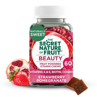 The Secret Nature of Fruit Beauty Chews, Real Fruit Powered Vitamin Chews with Vitamins A &amp; E, Biotin, CoQ10, Strawberry &amp; Pomegranate for Healthy Hair, Skin &amp; Nails, Gummy, (60 Count)