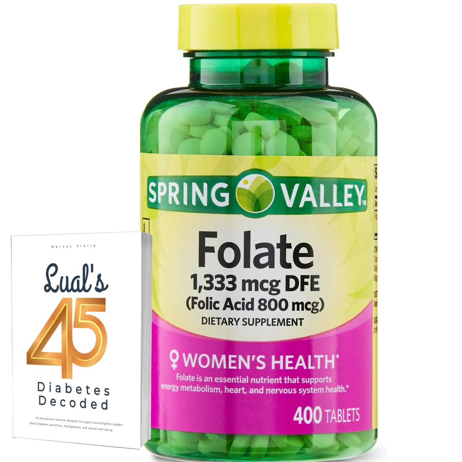 Spring Valley Folate Dietary Supplement | Folate Supplement for Women Pregnancy | Acido Folico para Mujer Embarazada | Folic Acid 800 | 400 Count Bundle with Lual&#39;s 45 Diabetes Decoded