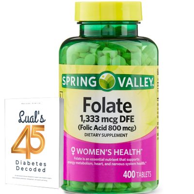 Spring Valley Folate Dietary Supplement | Folate Supplement for Women Pregnancy | Acido Folico para Mujer Embarazada | Folic Acid 800 | 400 Count Bundle with Lual&#39;s 45 Diabetes Decoded