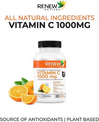Renew Actives Maximum Strength Vitamin C 1000MG - Antioxidant &amp; Immune Booster for Overall Health, Strong Bones, Teeth &amp; Gums - Non-GMO, Sugar Free, 4-Month Supply (120 Vegan Capsules)