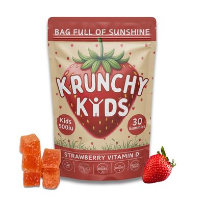 Krunchy Kids 500IU Vitamin D3 Gummies - Organic, Plant-Based, Sugar-Free | Real Strawberry, Allulose, MCT-Oil, Agave | Supports Bones, Immunity, Mood &amp; Sleep