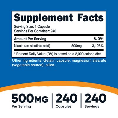 Nutricost Niacin (Vitamin B3) 500mg, 240 Capsules - with Flushing, Non-GMO, Gluten Free