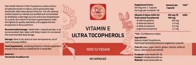 Kala Health Vitamin E 1000 IU Ultra Tocopherol 450mg Vitamin E Vegan - all 4 Tocopherols - Alpha Tocopherol + Beta Tocopherol + Gamma Tocopherol + Delta Tocopherol- Unique d Alpha Tocopherol Vitamin E