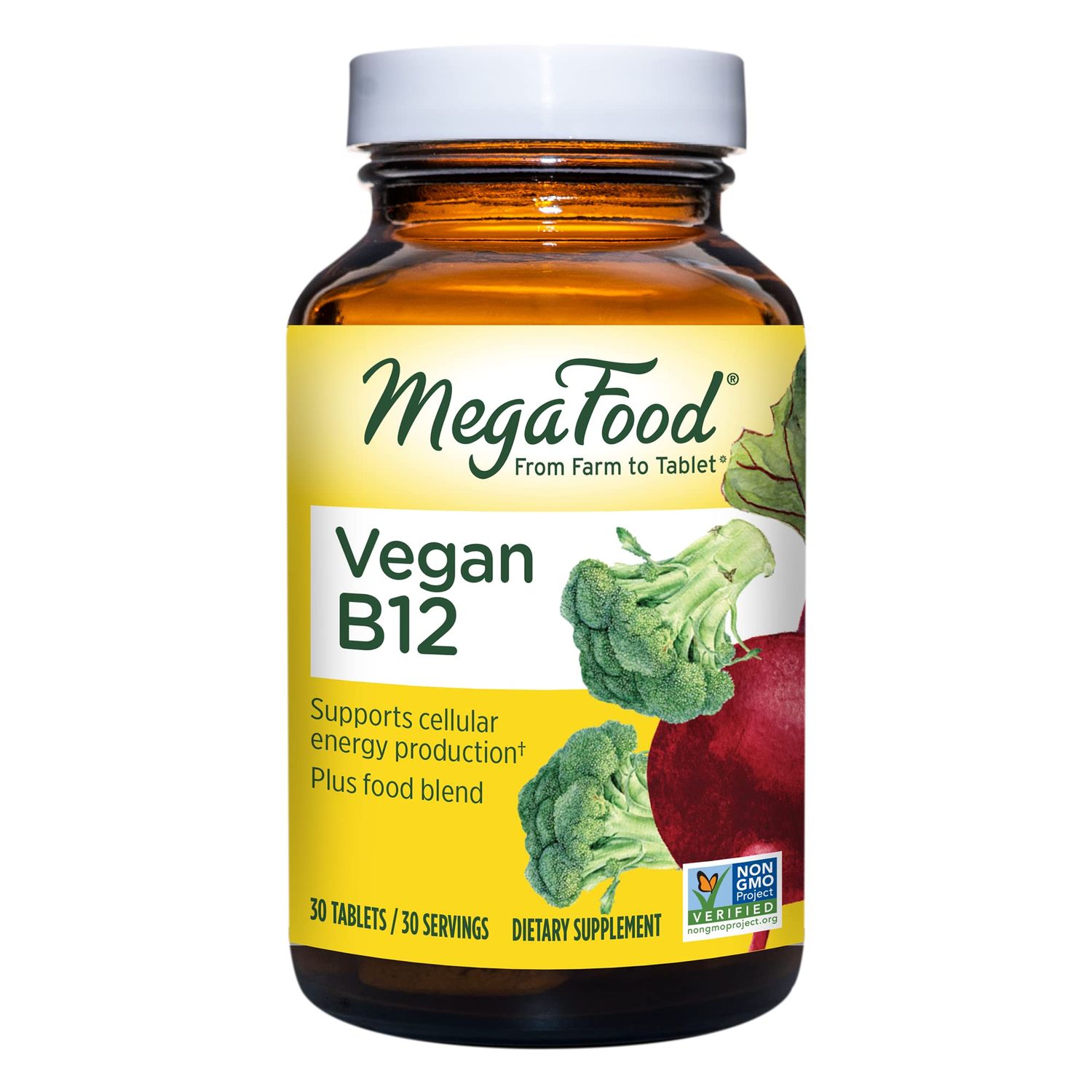 MegaFood Vegan Vitamin B12, Vitamin B Supplement with Vitamin B6, B12 Vitamins, and Folic Acid, Supports Cellular Energy Production, Nervous System Health &amp; Cardiovascular Function - 30 Tablets