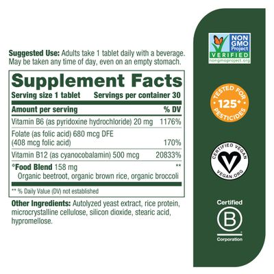 MegaFood Vegan Vitamin B12, Vitamin B Supplement with Vitamin B6, B12 Vitamins, and Folic Acid, Supports Cellular Energy Production, Nervous System Health & Cardiovascular Function - 30 Tablets