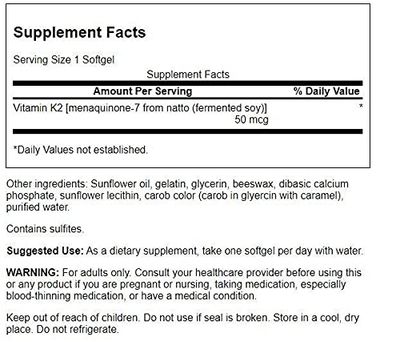 Swanson Natural Vitamin K2 (Menaquinone-7 from Natto) 50 mcg 30 Sgels
