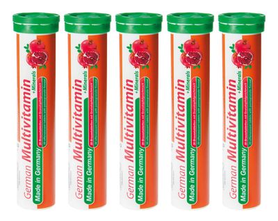 German Multvitamin + Minerals 10 Vitamins 2 Minerals - 100 Vegan Drink Effervescent Tablets - Pomegranate Flavor - Made in Germany