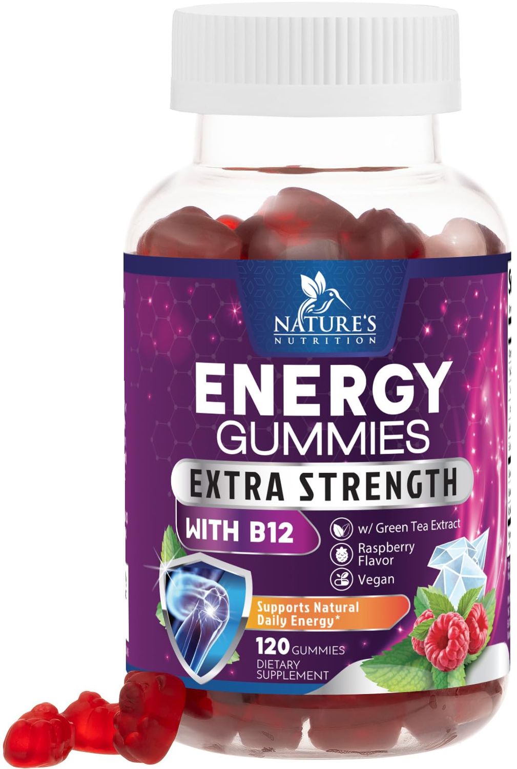 Energy Gummies Vitamin B12, Green Tea Natural Caffeine Support, Extra Strength 1000 mcg Daily Energy Vitamins, Delicious Berry Flavor Gluten Free Chewable Supplement for Cycling &amp; Running - 120 Chews