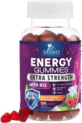 Energy Gummies Vitamin B12, Green Tea Natural Caffeine Support, Extra Strength 1000 mcg Daily Energy Vitamins, Delicious Berry Flavor Gluten Free Chewable Supplement for Cycling &amp; Running - 120 Chews