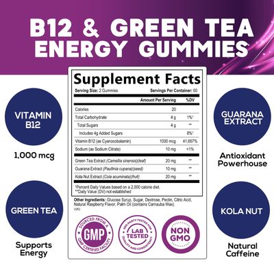 Energy Gummies Vitamin B12, Green Tea Natural Caffeine Support, Extra Strength 1000 mcg Daily Energy Vitamins, Delicious Berry Flavor Gluten Free Chewable Supplement for Cycling & Running - 120 Chews