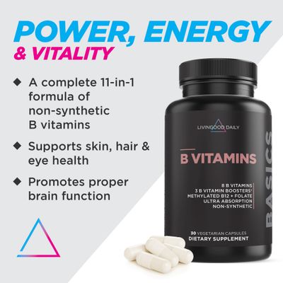 Livingood Daily Vitamin B Complex Capsules - B-Complex Vitamin Supplement for Women &amp; Men - Supports Nervous System Health, Cognitive Function - Promotes Skin, Heart &amp; Hair Health - Vegan, 30 Capsules