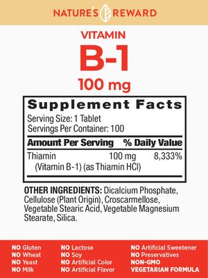 Vitamin B1 100mg (Thiamine) - 100 Count - Vegetarian, Non-GMO &amp; Gluten Free Supplement - by Nature's Reward