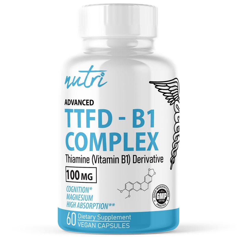 TTFD Thiamine B1 Supplement - 100mg 60 Servings - Thiamine TTFD Supplement - With 8mg Magnesium - No Toxic Fillers - TTFD Thiamine Tetrahydrofurfuryl Disulfide - Third Party Lab Tested
