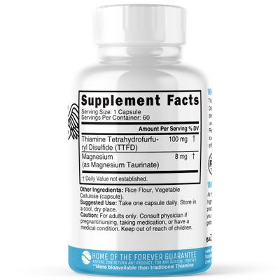 TTFD Thiamine B1 Supplement - 100mg 60 Servings - Thiamine TTFD Supplement - With 8mg Magnesium - No Toxic Fillers - TTFD Thiamine Tetrahydrofurfuryl Disulfide - Third Party Lab Tested
