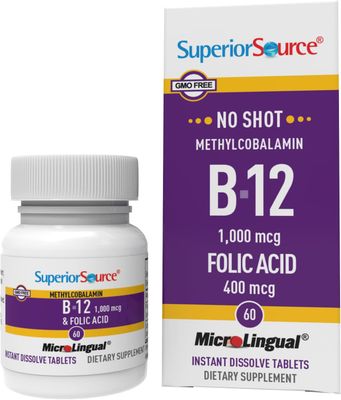 Superior Source No Shot Vitamin B12 Methylcobalamin (1000 mcg), Folic Acid, Quick Dissolve MicroLingual Tablets, 60 Count, Active Form of B12, Increase Energy, Healthy Heart, Boost Metabolism, Non-GMO