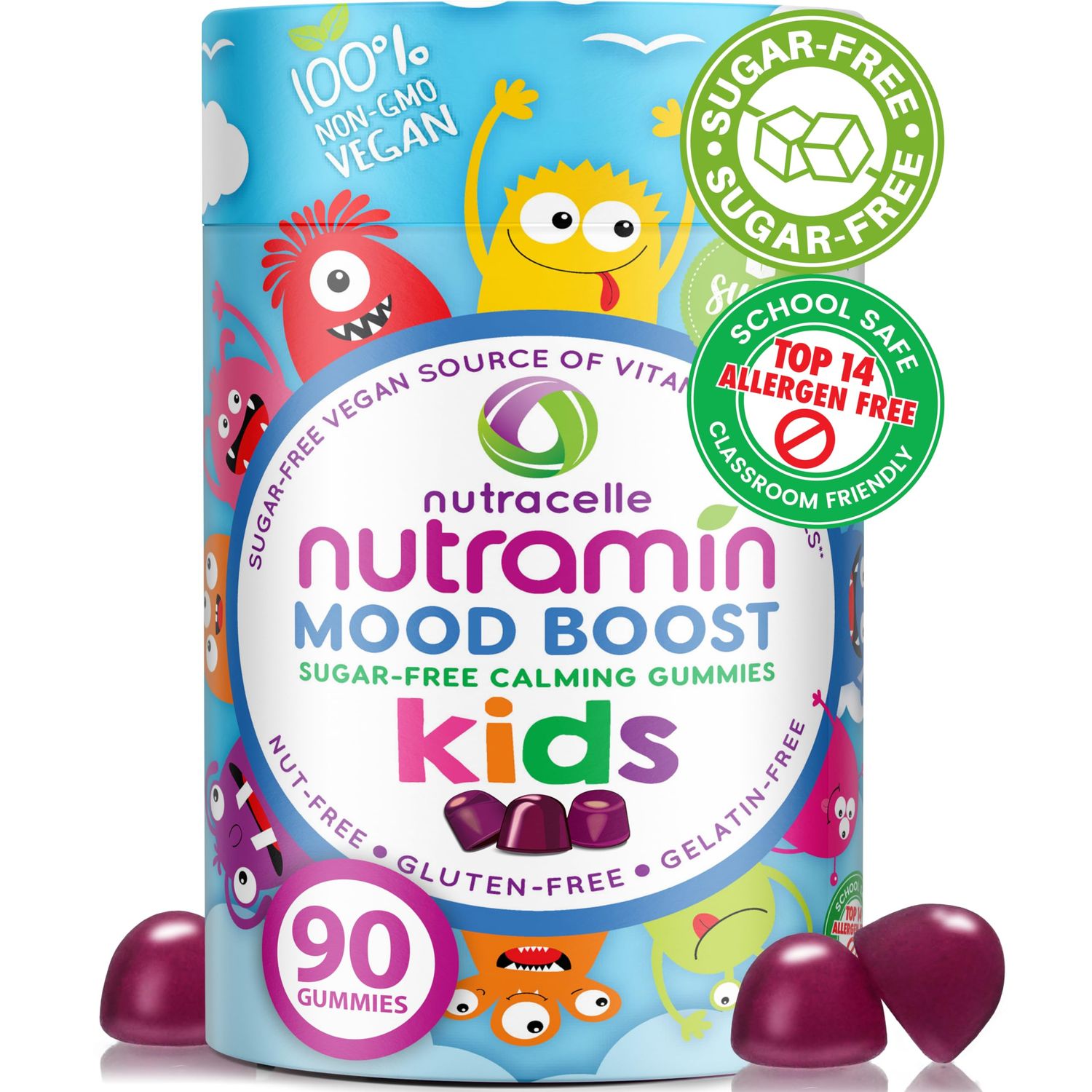 NUTRAMIN Kids Mood Boost Vegam Vitamin Gummy: Calming Magnesium Citrate Supplement for Children with Ashwagandha &amp; Vitamin B Complex to Relax &amp; Focus - Sugar-Free, Allergy-Safe, Non-GMO 90 ct