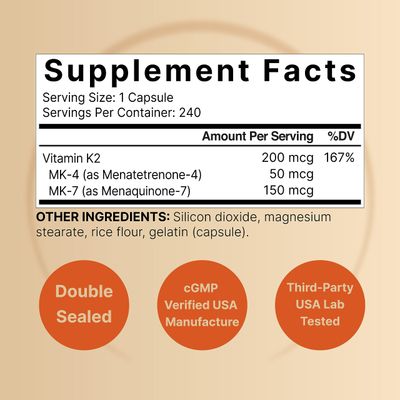 NatureBell Full Spectrum Vitamin K2 Supplement with MK-7 &amp; MK-4, 200 mcg, 240 Capsules | 2 in 1 Formula, K Vitamins Complex - Supports Bone, Joint, and Heart Health - Non-GMO