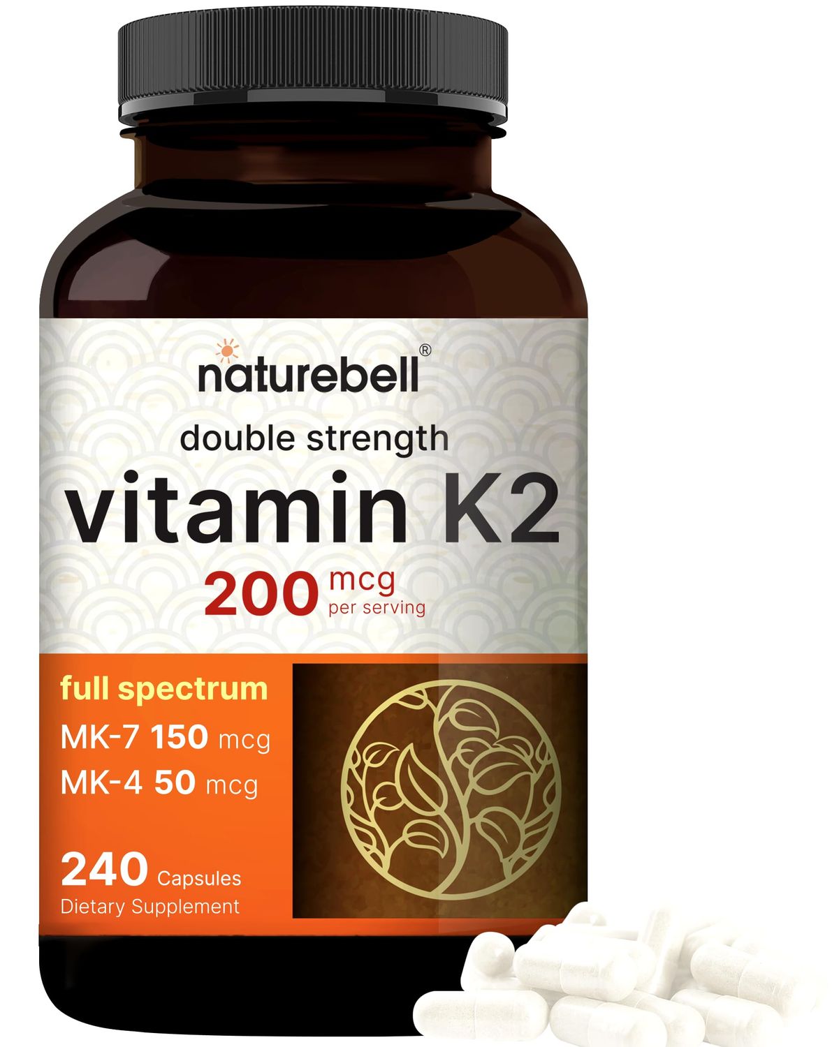 NatureBell Full Spectrum Vitamin K2 Supplement with MK-7 &amp; MK-4, 200 mcg, 240 Capsules | 2 in 1 Formula, K Vitamins Complex - Supports Bone, Joint, and Heart Health - Non-GMO