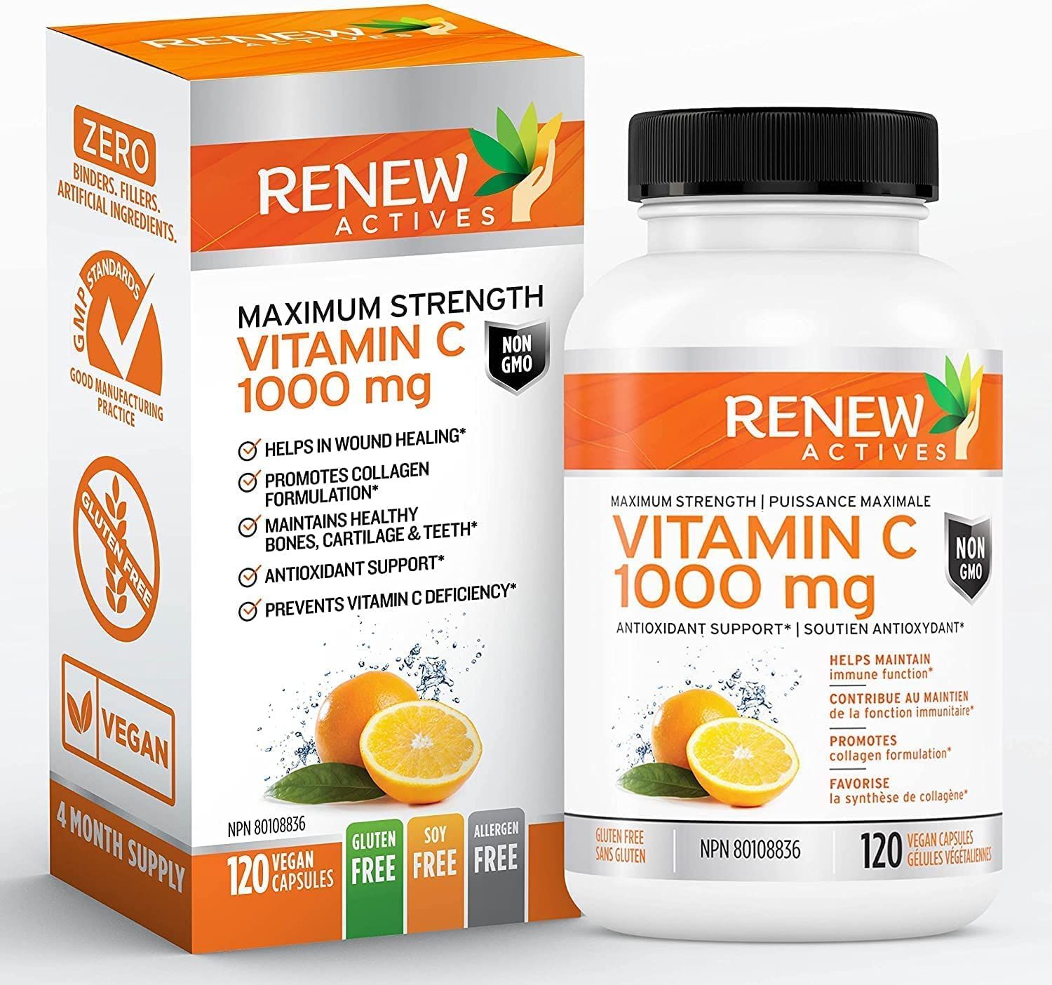 Renew Actives Maximum Strength Vitamin C 1000MG - Antioxidant &amp; Immune Booster for Overall Health, Strong Bones, Teeth &amp; Gums - Non-GMO, Sugar Free, 4-Month Supply (120 Vegan Capsules)