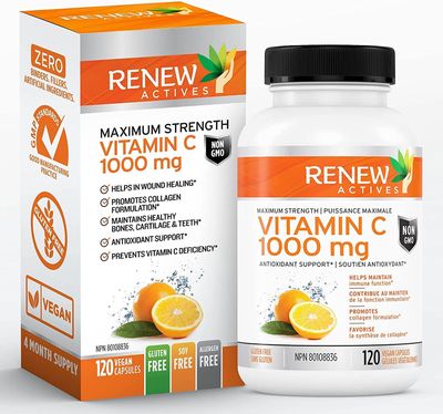 Renew Actives Maximum Strength Vitamin C 1000MG - Antioxidant &amp; Immune Booster for Overall Health, Strong Bones, Teeth &amp; Gums - Non-GMO, Sugar Free, 4-Month Supply (120 Vegan Capsules)