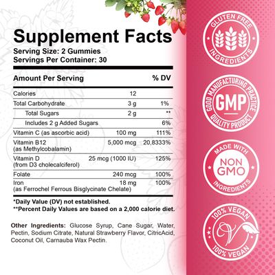Vitamin B12 Complex Gummies - 5000 mcg Methylcobalamin with Iron, Vitamin C, D3 &amp; Folate, Energy Support &amp; Metabolism, Immune, B-12 Chewable Supplement for Men &amp; Women, Strawberry Flavor, 2 Pack