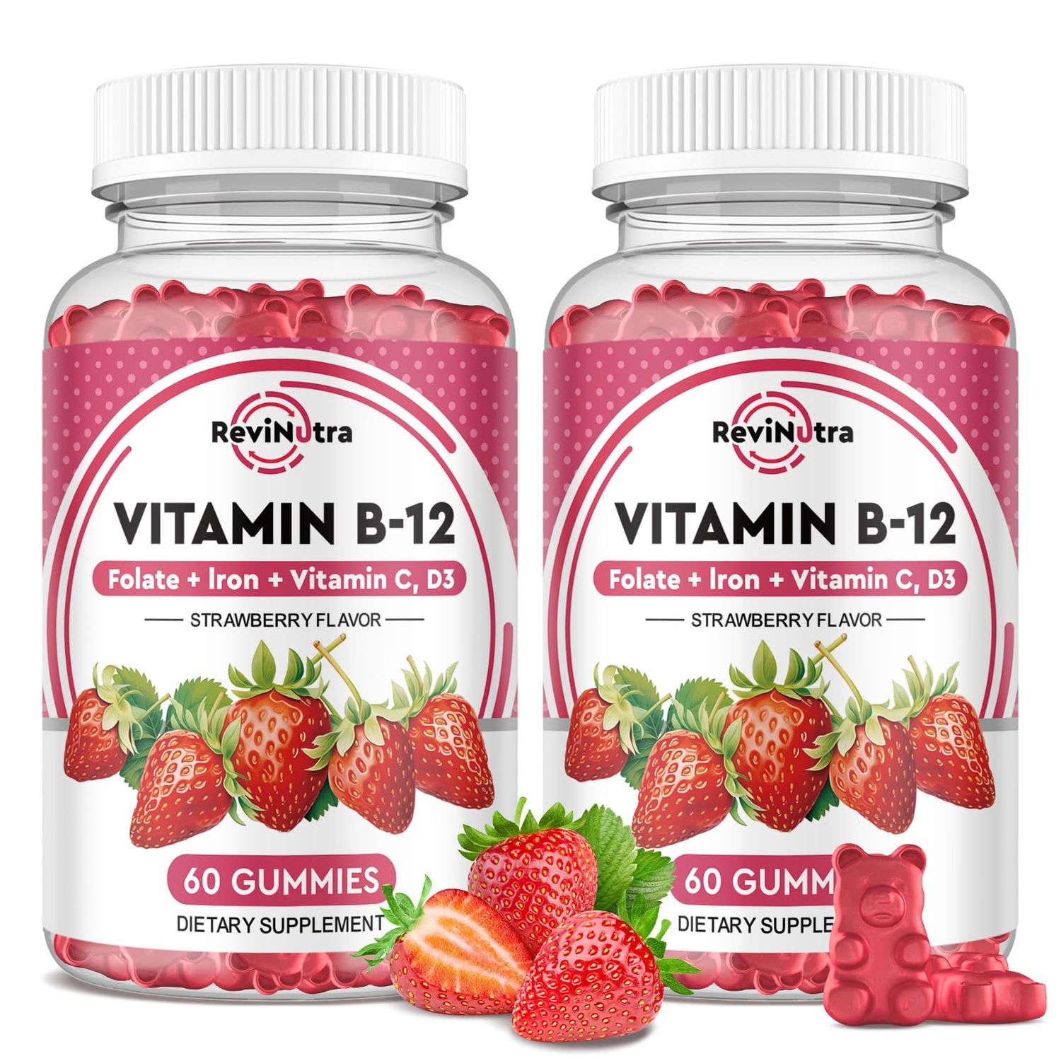 Vitamin B12 Complex Gummies - 5000 mcg Methylcobalamin with Iron, Vitamin C, D3 &amp; Folate, Energy Support &amp; Metabolism, Immune, B-12 Chewable Supplement for Men &amp; Women, Strawberry Flavor, 2 Pack