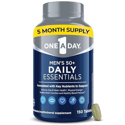 One A Day Men&#39;s Multivitamin 50+ Daily Essentials | Multivitamin for Men 50 Plus Supports Immune Health, Healthy Brain Function &amp; Physical Energy | Vitamins for Men with Vitamin C &amp; Zinc, 150 Count