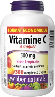 Webber Naturals Vitamin C, 300 Chewable Tropical Breeze Flavor Tablets, 500 mg of Vitamin C Per Tablet, Bones, Teeth, Immune and Antioxidant Support, Non GMO, Dairy & Gluten Free