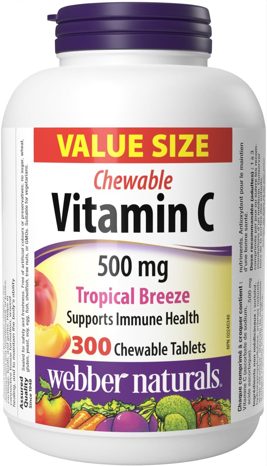 Webber Naturals Vitamin C, 300 Chewable Tropical Breeze Flavor Tablets, 500 mg of Vitamin C Per Tablet, Bones, Teeth, Immune and Antioxidant Support, Non GMO, Dairy &amp; Gluten Free