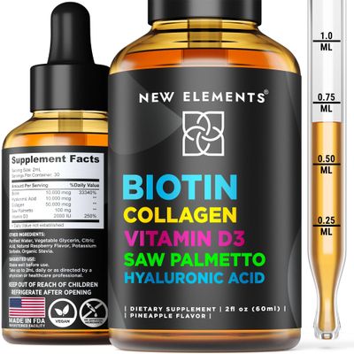 Liquid Biotin Drops with Collagen Vitamin D3 Saw Palmetto &amp; Hyaluronic Acid for Hair Skin and Nails, Hair Growth Supplement for Men &amp; Women | Non-GMO | Gluten-Free