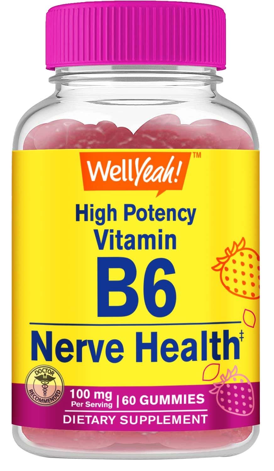 WellYeah High Potency Vitamin B6 Gummies - Promotes Nerve Health, Cognitive Function, Mood Regulation, Immune Support, and Cardiovascular Health - Vegan, Non-GMO, Gluten-Free - 60 Count