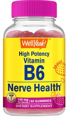 WellYeah High Potency Vitamin B6 Gummies - Promotes Nerve Health, Cognitive Function, Mood Regulation, Immune Support, and Cardiovascular Health - Vegan, Non-GMO, Gluten-Free - 60 Count