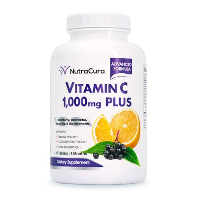 NutraCura Immunity Vitamin C 1000mg with Elderberry, Quercetin, Citrus Bioflavonoids, Rose HIPS, Rutin - 4 Months Supply, 120 Tablets - Immune System Support
