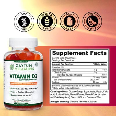 Zaytun Halal Vitamin D3 2000 IU Gummies, Supports Bone &amp; Immune Health, Promotes Muscle Function, Gluten &amp; Gelatin Free, 90 Natural Fruit Flavor Gummies, Made in USA - Halal Vitamins