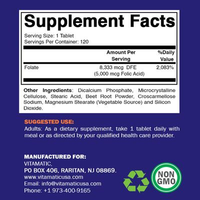 Vitamatic Folic Acid 5mg (5000 mcg) - 120 Vegetarian Tablets - (Vitamin B9 Folate)