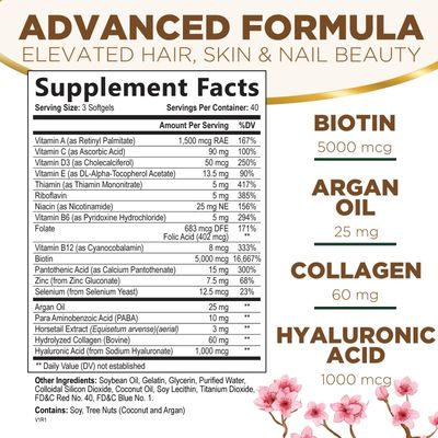 Hair Vitamins Women, Ultra Strength 5000mcg Biotin, Collagen, PABA &amp; More - Womens Hair Growth, Skin, Nails &amp; Keratin Support Supplement, Infused w/ Argan Oil &amp; Hyaluronic Acid, Non-GMO - 120 Softgels
