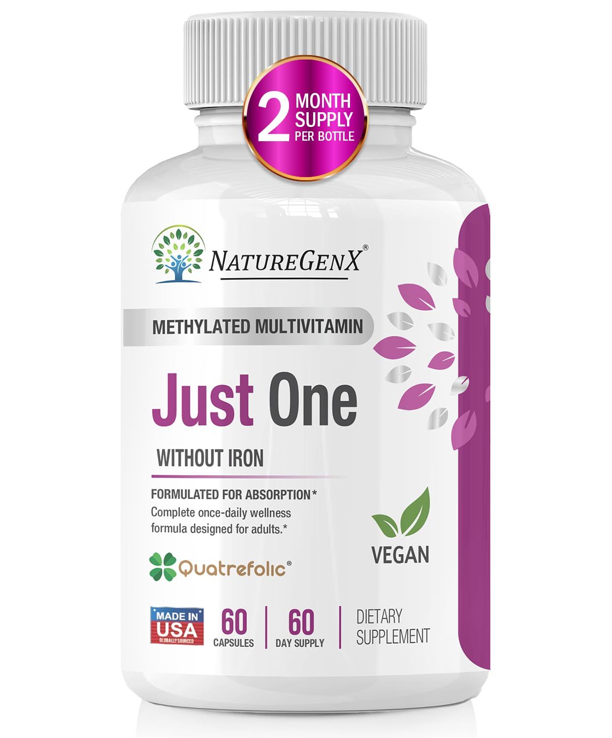 NatureGenX Just One Daily Methylated Multivitamin - 60 Caps Pure Methyl B12, Methylfolate MTHFR Support Supplement Iron Free Methylated Vitamins for Men &amp; Women 2 Months Supply Gluten Free