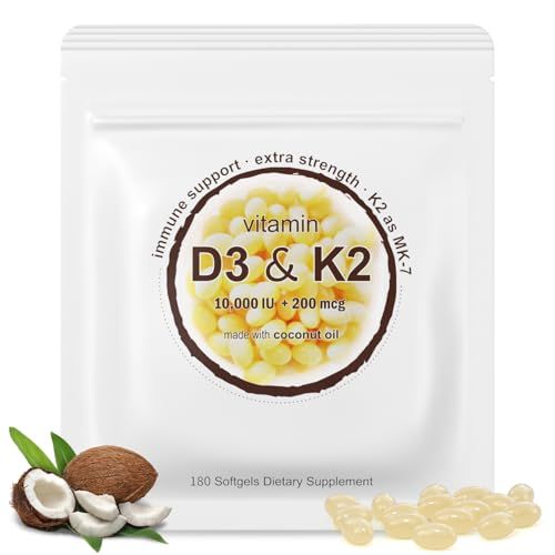 LETSCOL 2-in-1 Vitamin D3 K2 Supplement Softgel, Vitamin D3 10000 IU and Vitamin K2 200 mcg, K2 MK7 with D3 Vitamin Supplement Support Immune, Heart, Joint, Teeth &amp; Bone Health