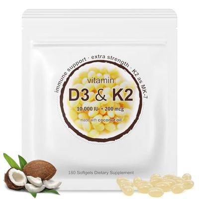 LETSCOL 2-in-1 Vitamin D3 K2 Supplement Softgel, Vitamin D3 10000 IU and Vitamin K2 200 mcg, K2 MK7 with D3 Vitamin Supplement Support Immune, Heart, Joint, Teeth &amp; Bone Health