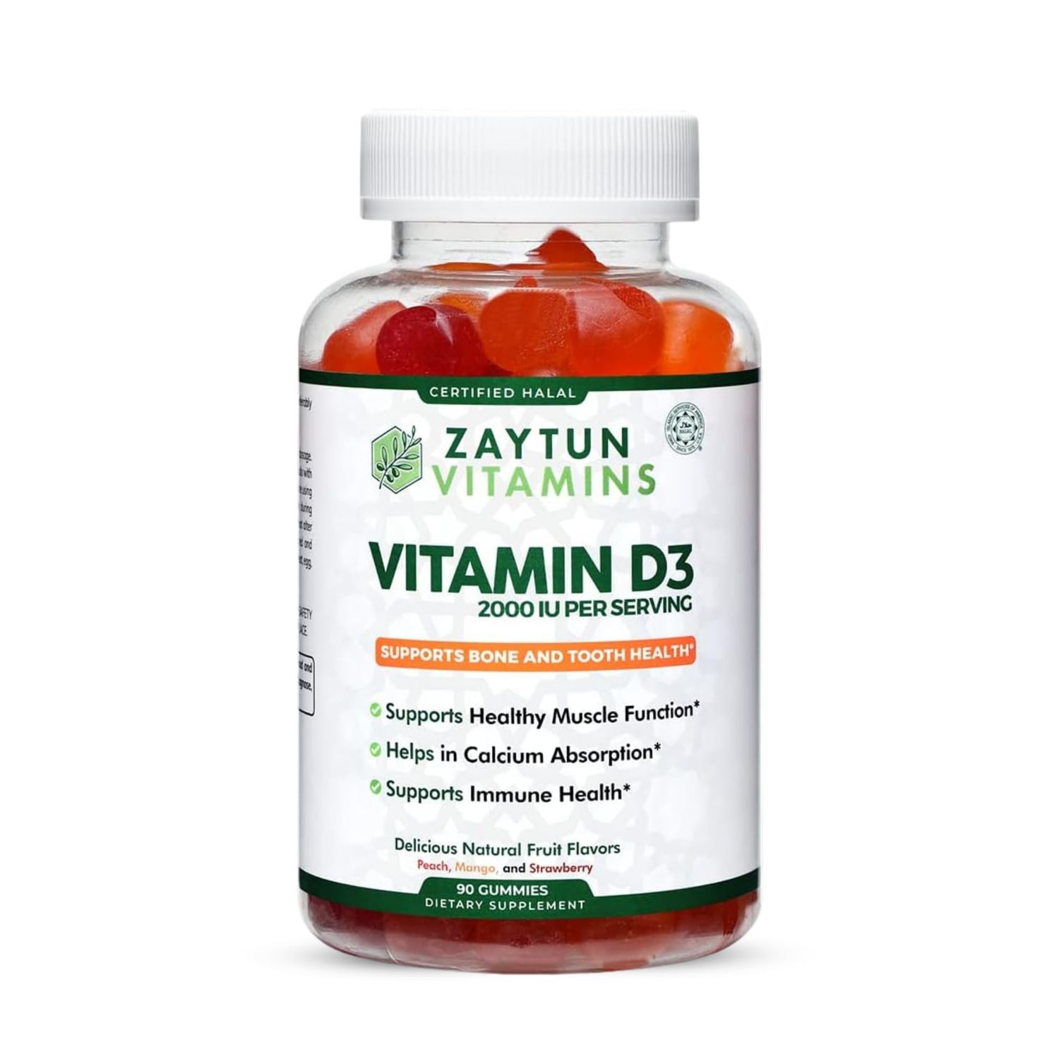 Zaytun Halal Vitamin D3 2000 IU Gummies, Supports Bone &amp; Immune Health, Promotes Muscle Function, Gluten &amp; Gelatin Free, 90 Natural Fruit Flavor Gummies, Made in USA - Halal Vitamins