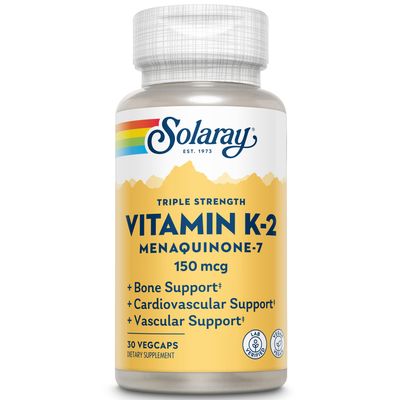 Solaray Triple Strength Vitamin K-2 as MK-7, 150 mcg | Heart &amp; Bone Health, Vascular Function Support | 30ct